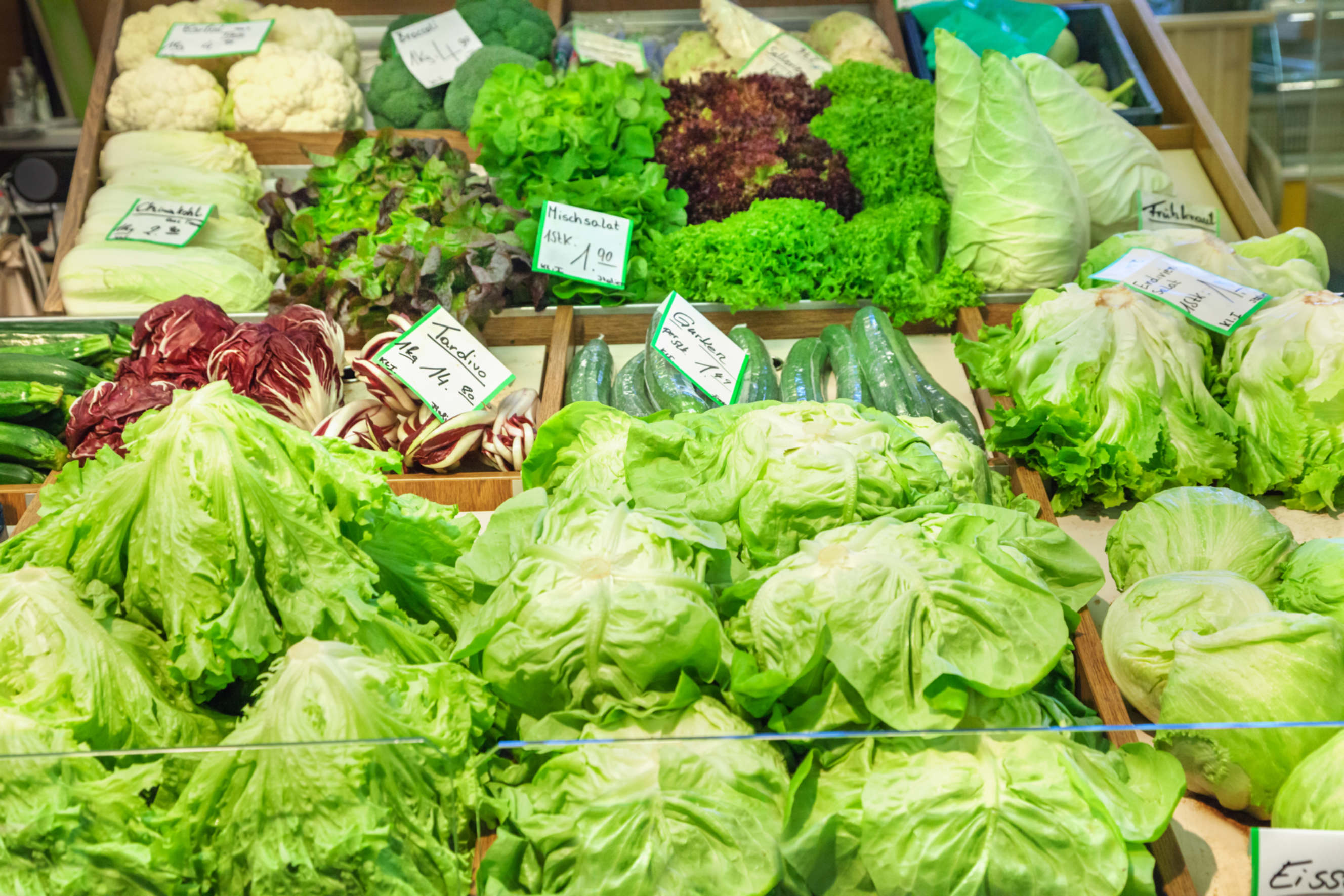 Fresh iceberg and romaine lettuce on display. 