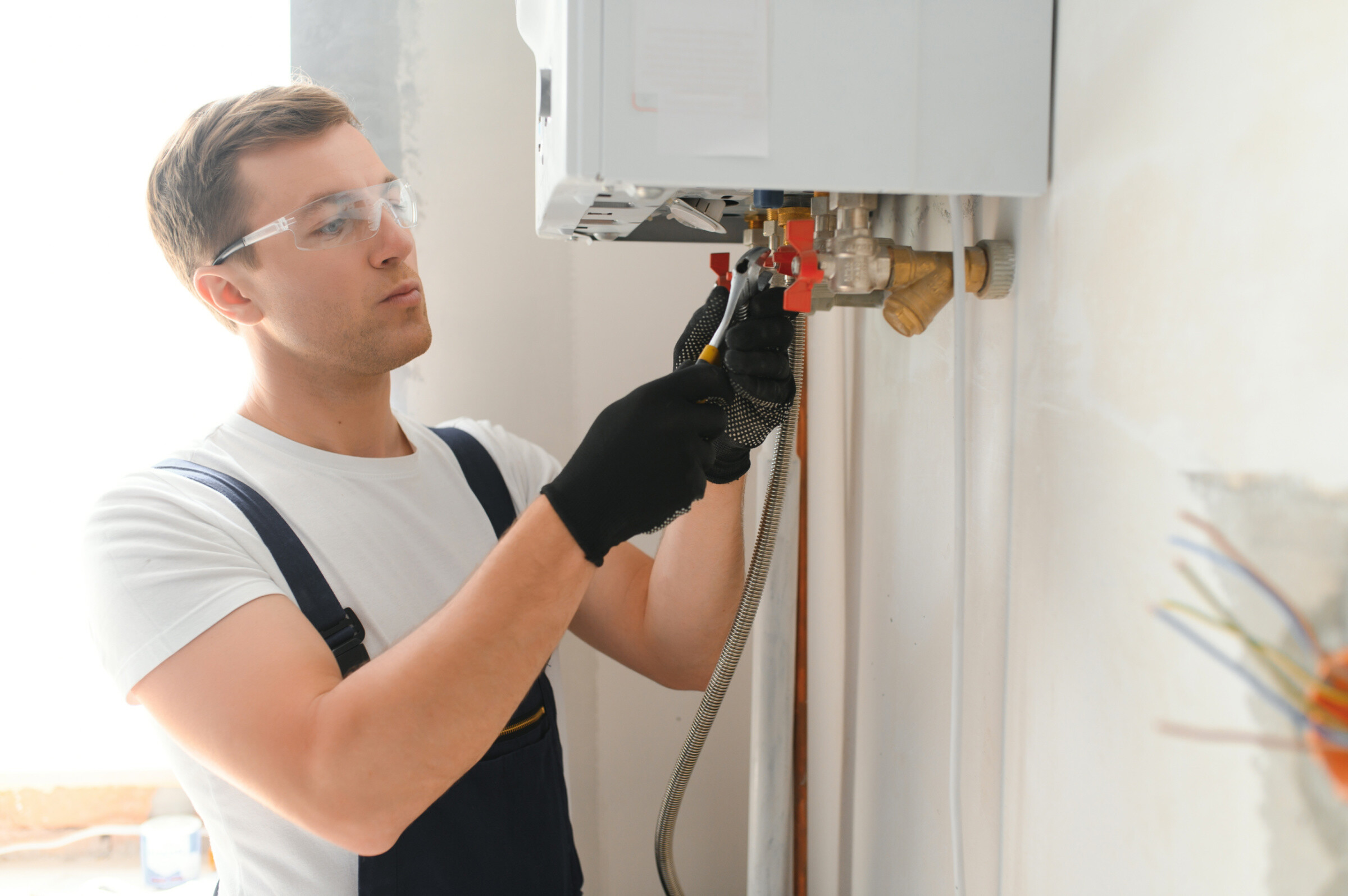 Professional plumber checking a boiler and pipes, boiler service concept.