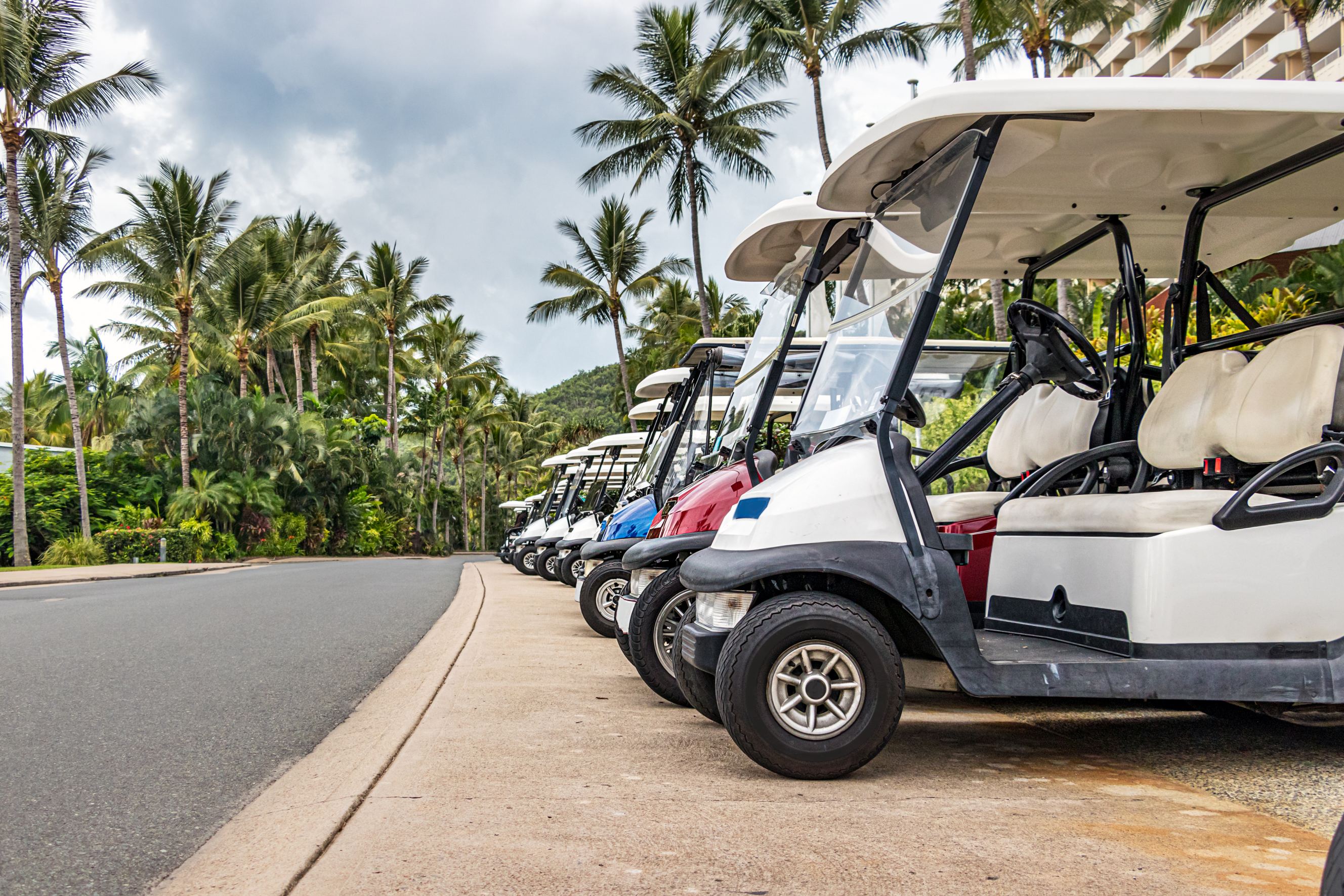 Electric golf - passenger buggies cars parked in rows for golf cart repair.