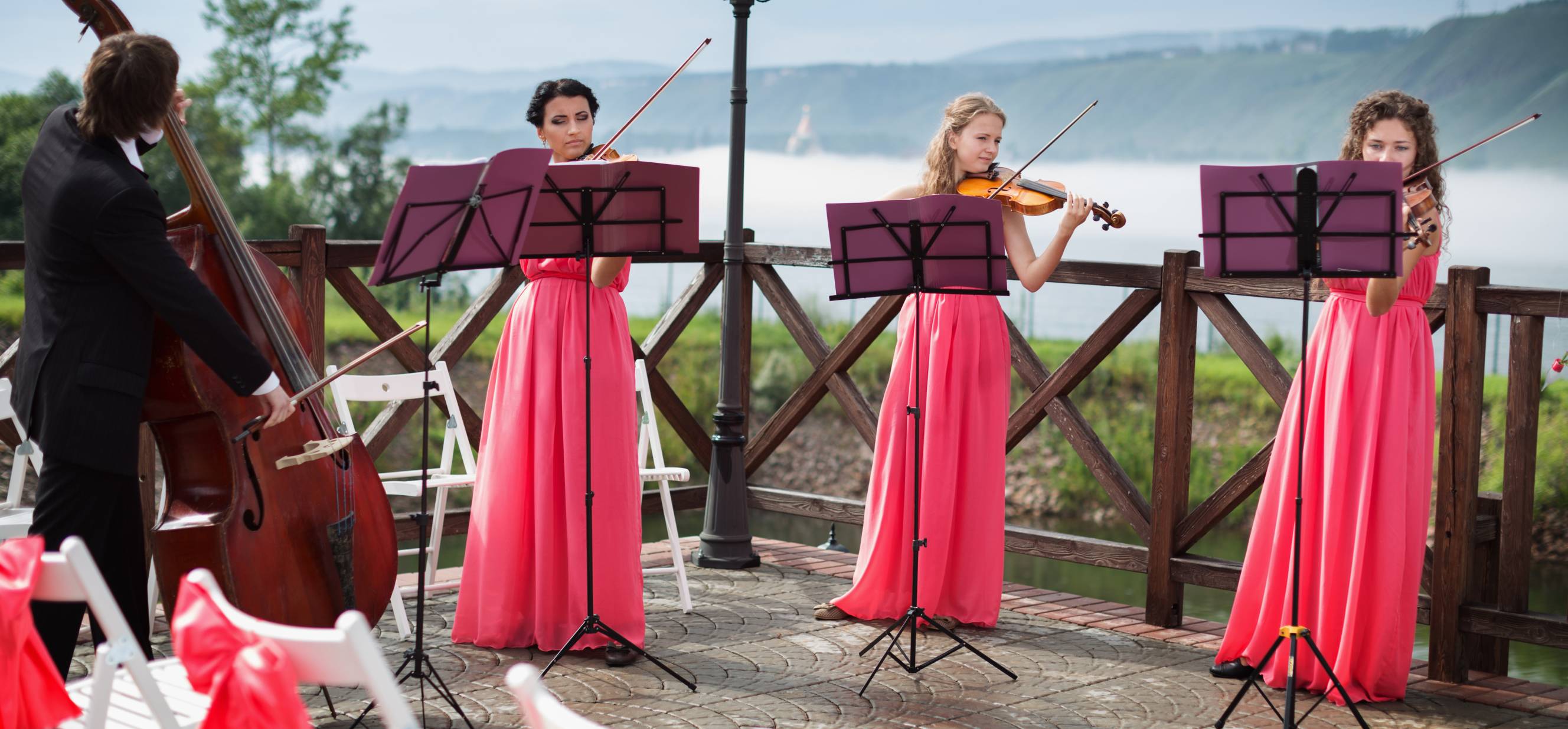 A quartet performing as wedding musicians during an outdoor wedding ceremony