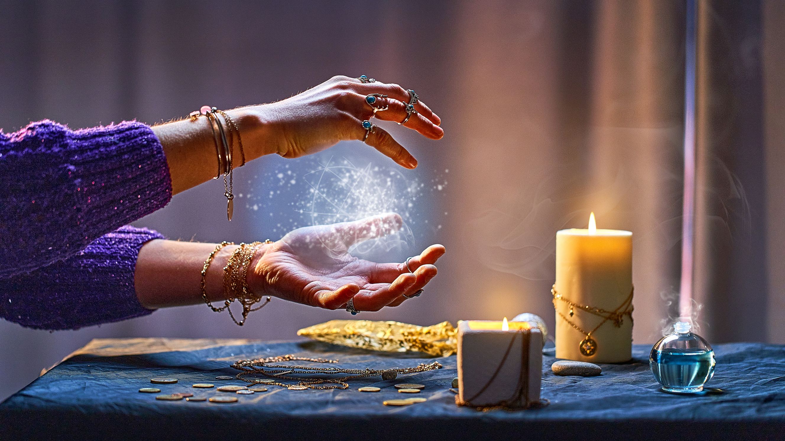 Magical luminous swirling glowing ball in the palm of a witch wizard woman during a witchcraft symbolizing a psychic medium near me.