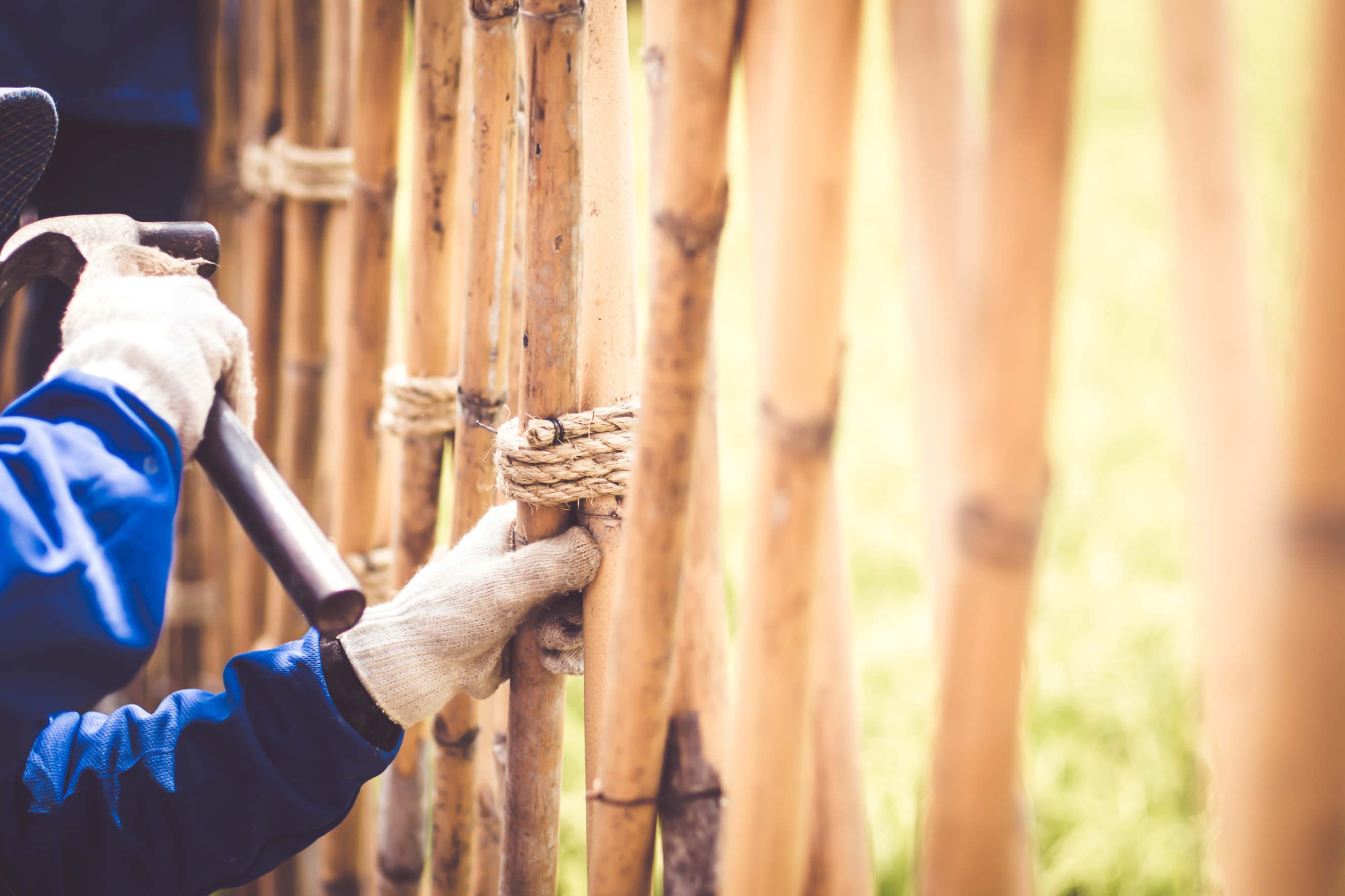  Close-up of a craftsman securing bamboo poles with rope for a natural fence.