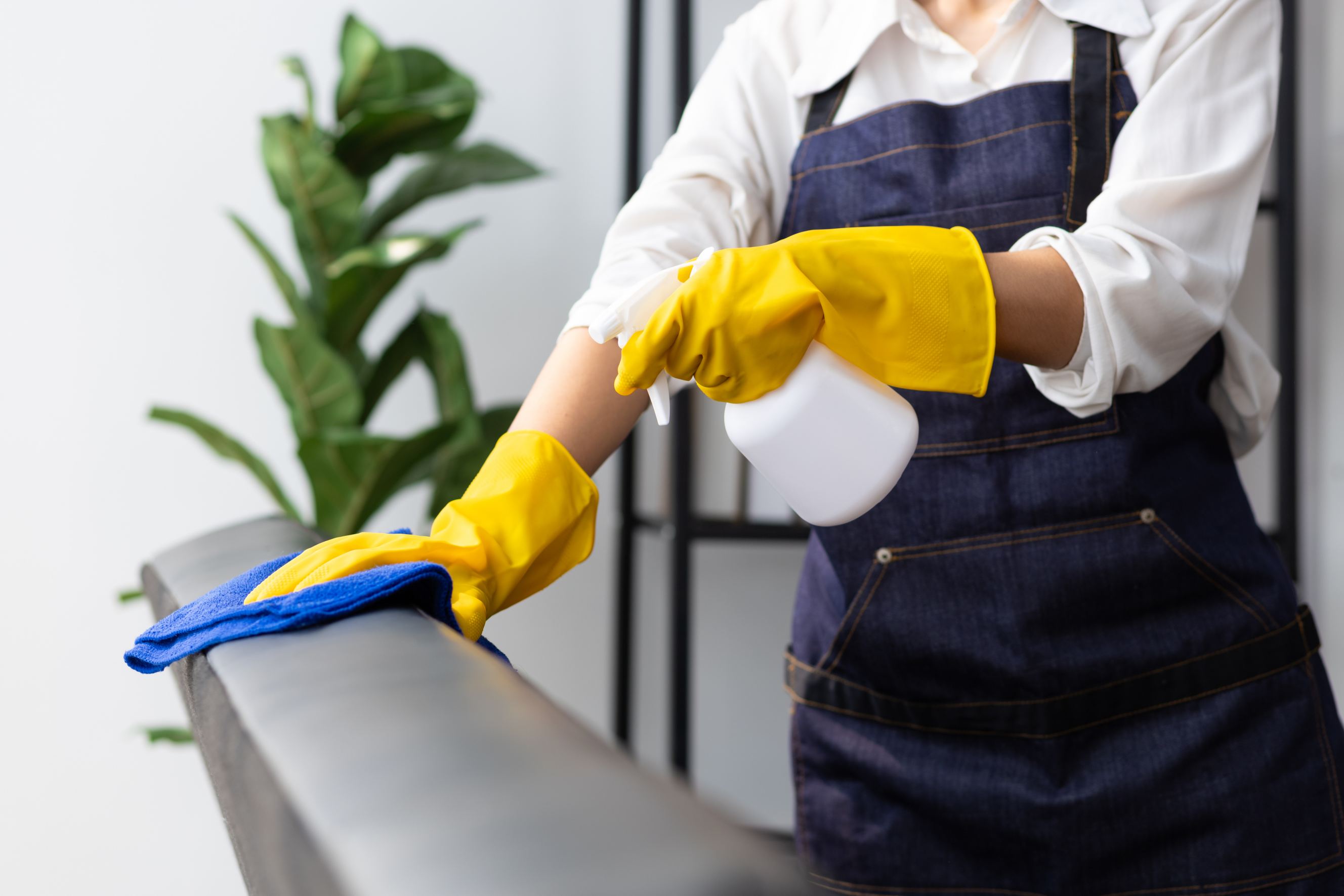 A house cleaner wearing an apron uses a cloth to clean the sofa in the house symbolizing a maid service near me.