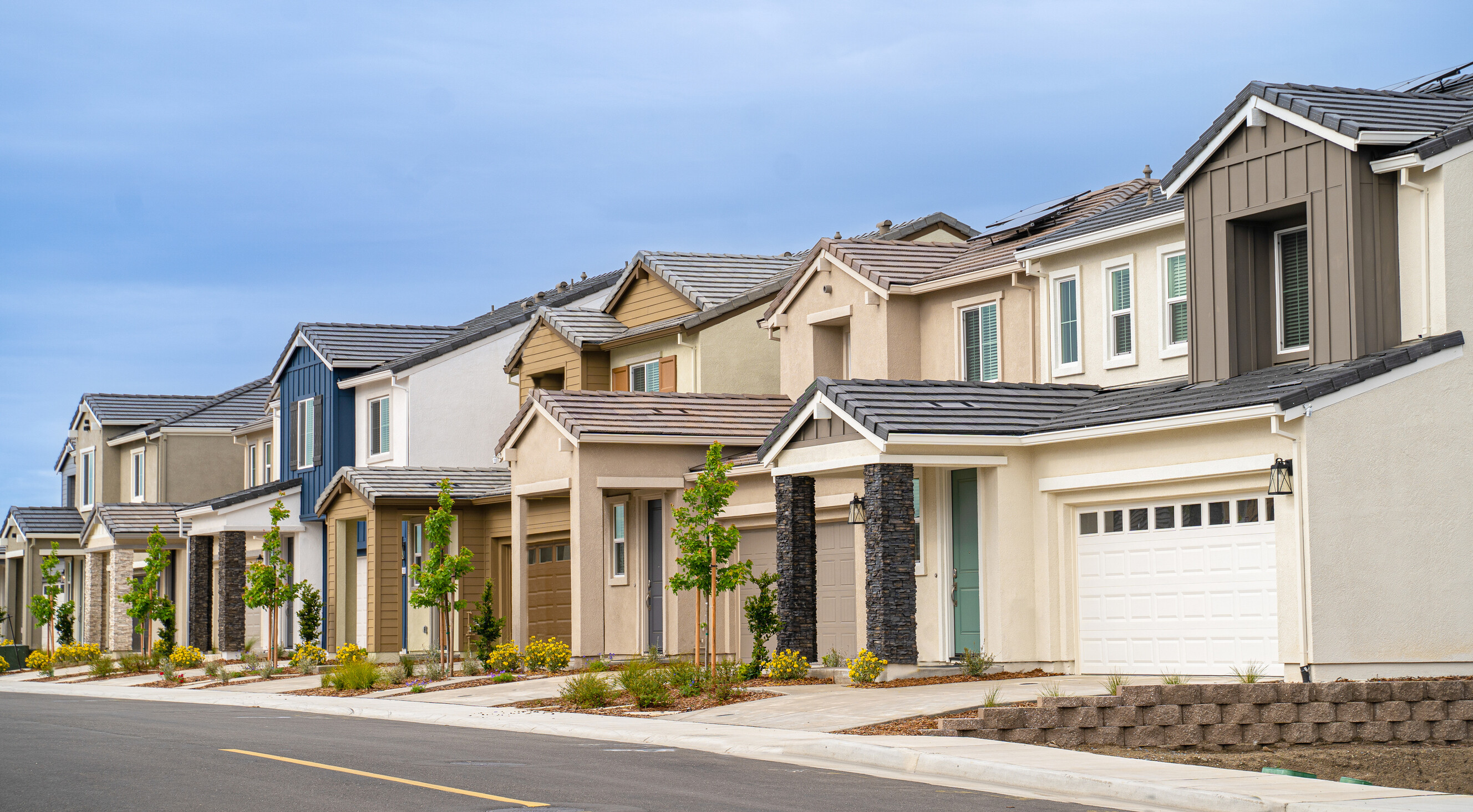 Row of modern suburban houses with driveways and front landscaping.