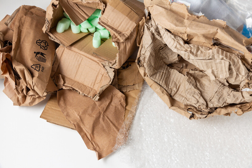 Torn cardboard box with bubble wrap and green packing peanuts.- cardboard boxes vs plastic bins