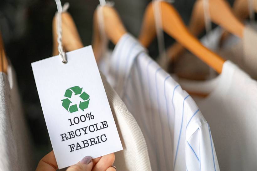How to make money sewing - Label indicating recycled fabric on a rack of neutral and striped clothing