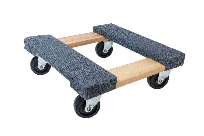 Wooden furniture dolly with carpeted ends and swivel caster wheels. - dolly vs hand trolley