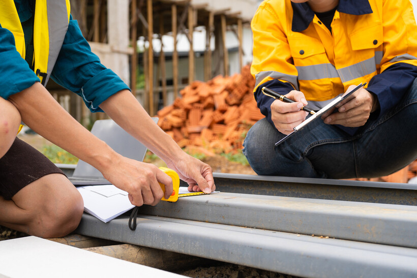 Close-up of engineers taking measurements and notes during building work. - engineer vs architect