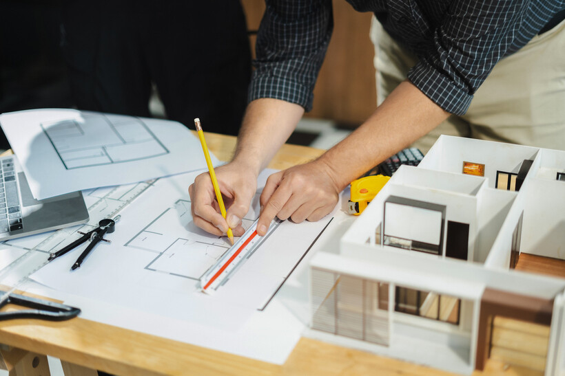 Hands working on house plans with a miniature model and laptop nearby. - architect vs engineer