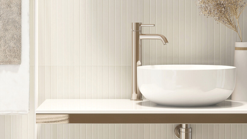 Contemporary vanity with white vessel basin and metallic tap. - sink vs basin