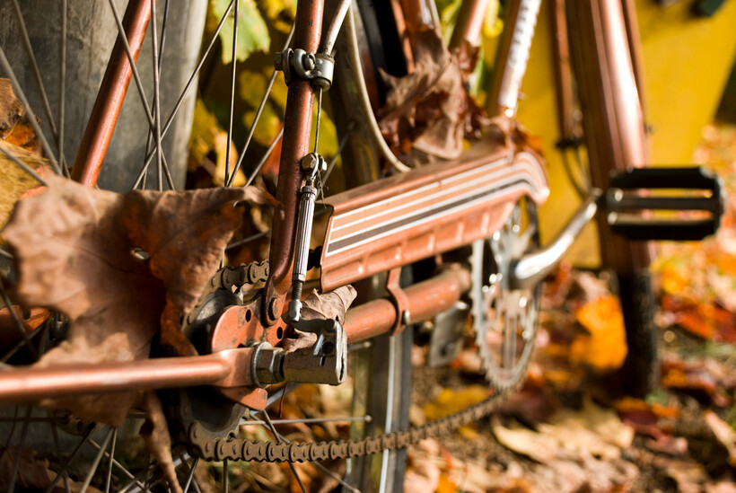 Rusty bicycle frame showing brake pads and chain in a fall setting. - organic vs sintered brake pads
