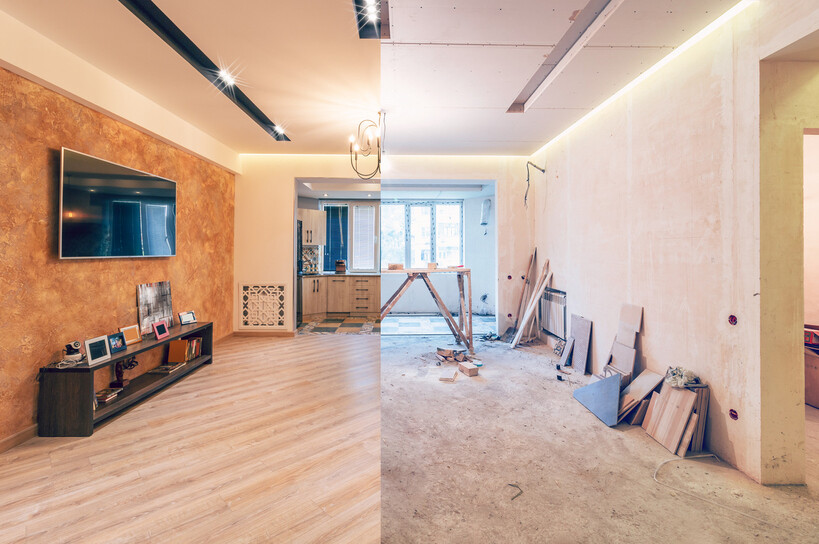 Split view of a living room before and after refurbishment showing progress. - refurbishment vs renovation