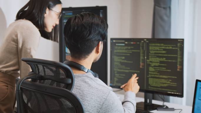 Two software developers collaborating on code displayed on a computer screen. - web developer vs software developer
