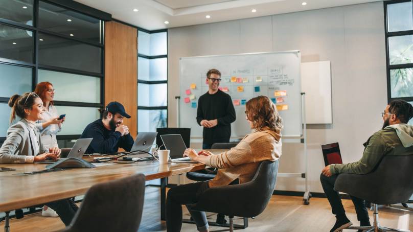 A group of diverse professionals having a team discussion in a modern office meeting room. - software developer vs web developer