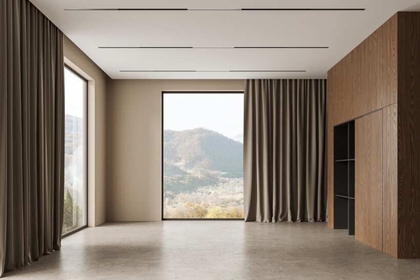 Curtain ideas - Empty modern room with floor-to-ceiling single panel blackout curtains