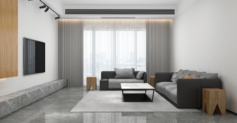 Curtain ideas - Contemporary living room with layered sheer and blackout curtains