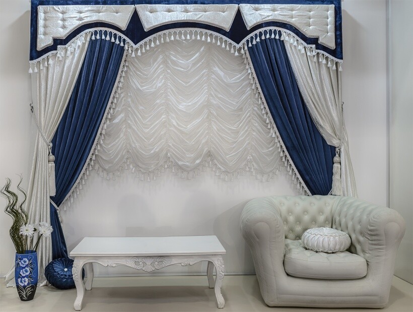 Curtain ideas - Elegant Austrian panels with tassels, pleated fabric, and detailed trim