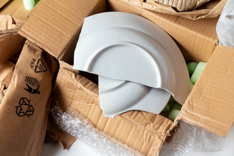 Broken ceramic plate inside a damaged cardboard moving box. - hidden moving costs
