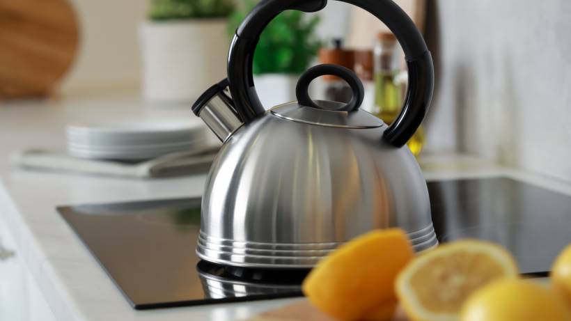 Stainless steel stovetop kettle with cut lemons resting on the counter nearby - descaling kettle
