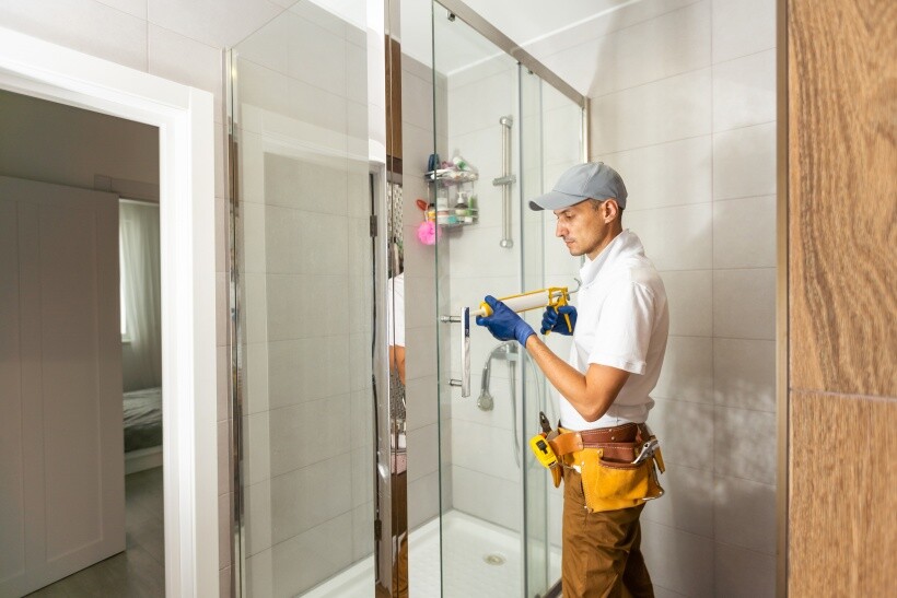Renovations - Technician sealing glass shower door during bathroom renovations