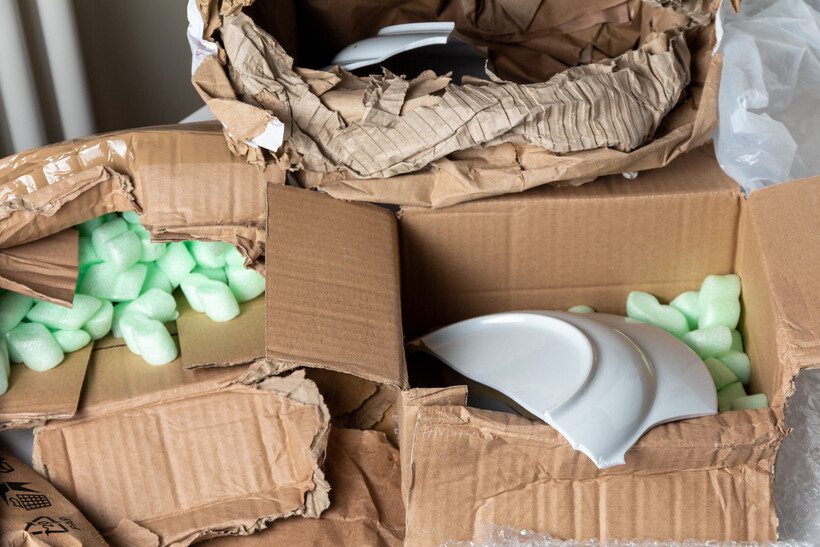 Damaged cardboard boxes with broken dishes and packing peanuts. - packing mistakes