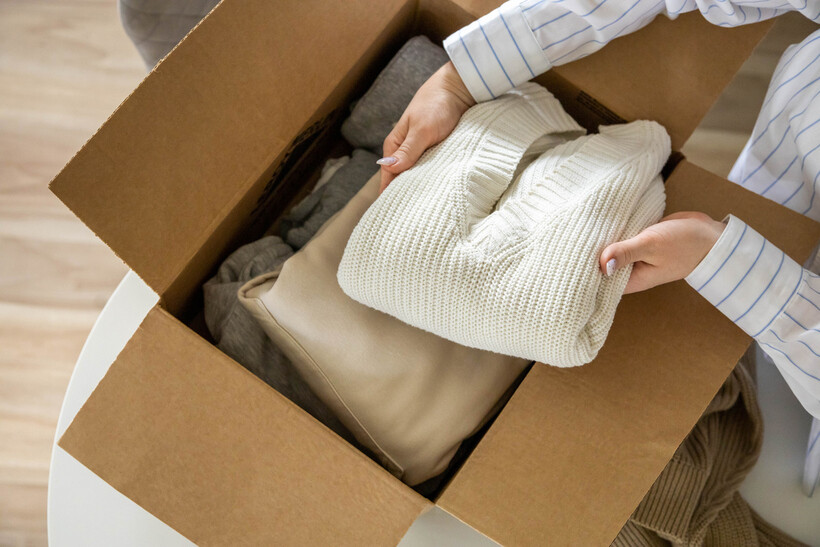 Hands placing a white knit sweater into a box with clothes. - moving mistakes