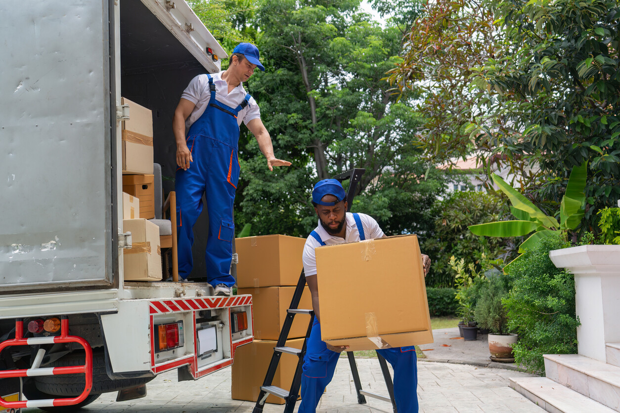 Two professional Brisbane to Sydney removalists loading cardboard boxes into a moving truck outside a residential home