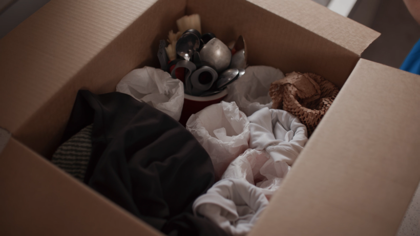 Close-up of a moving box containing silverware, wrapped dishes, and soft goods. - how to pack moving boxes
