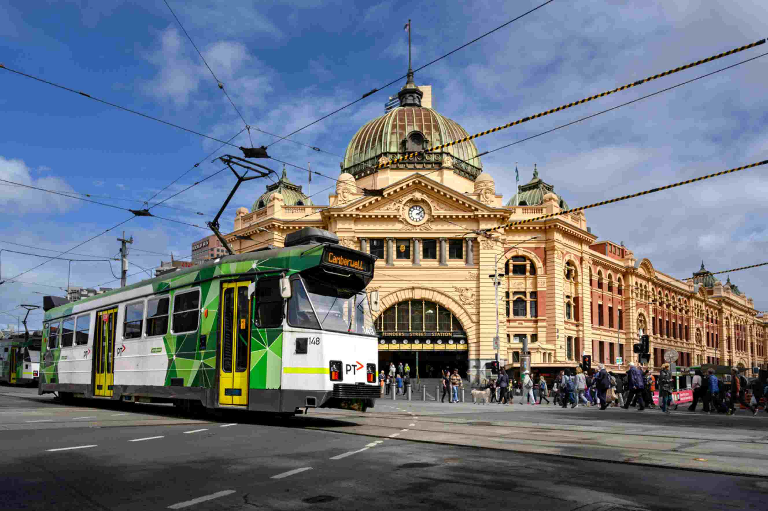 Melbourne’s Flinders Street Station with a city tram passing in front, used to represent Sydney to Melbourne relocations.