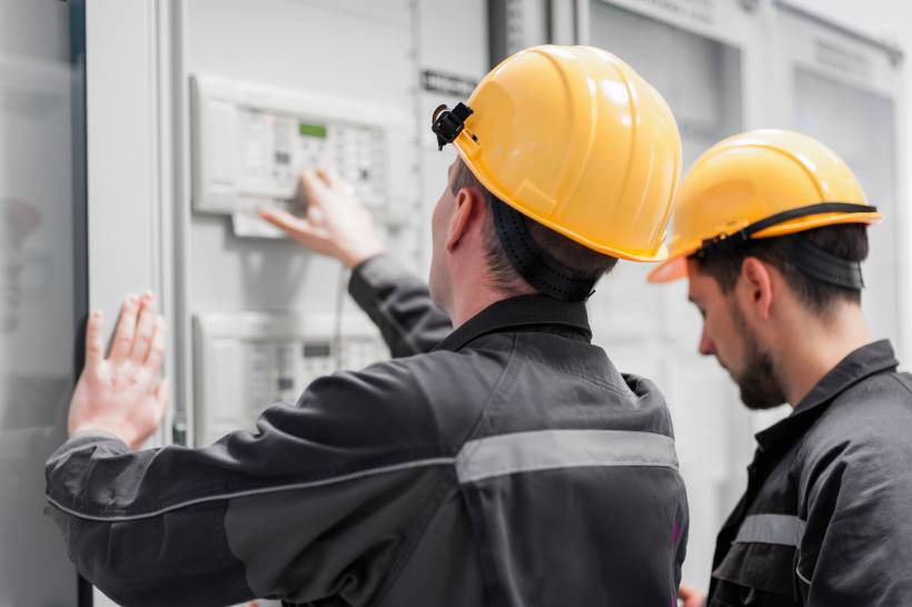 Electrical fitter vs electrician - Two electrical fitters in hard hats working on a control panel in an industrial setting