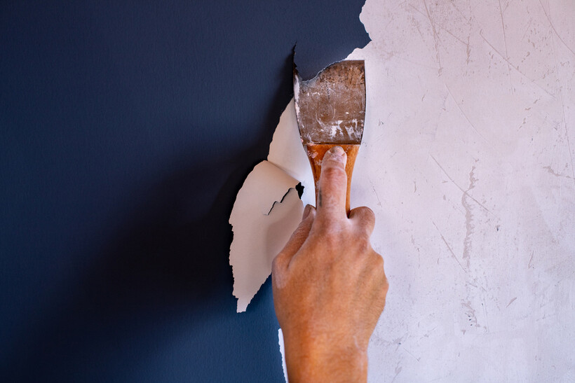 A hand using a metal scraper to remove old paint from a wall surface. - wallpaper vs paint