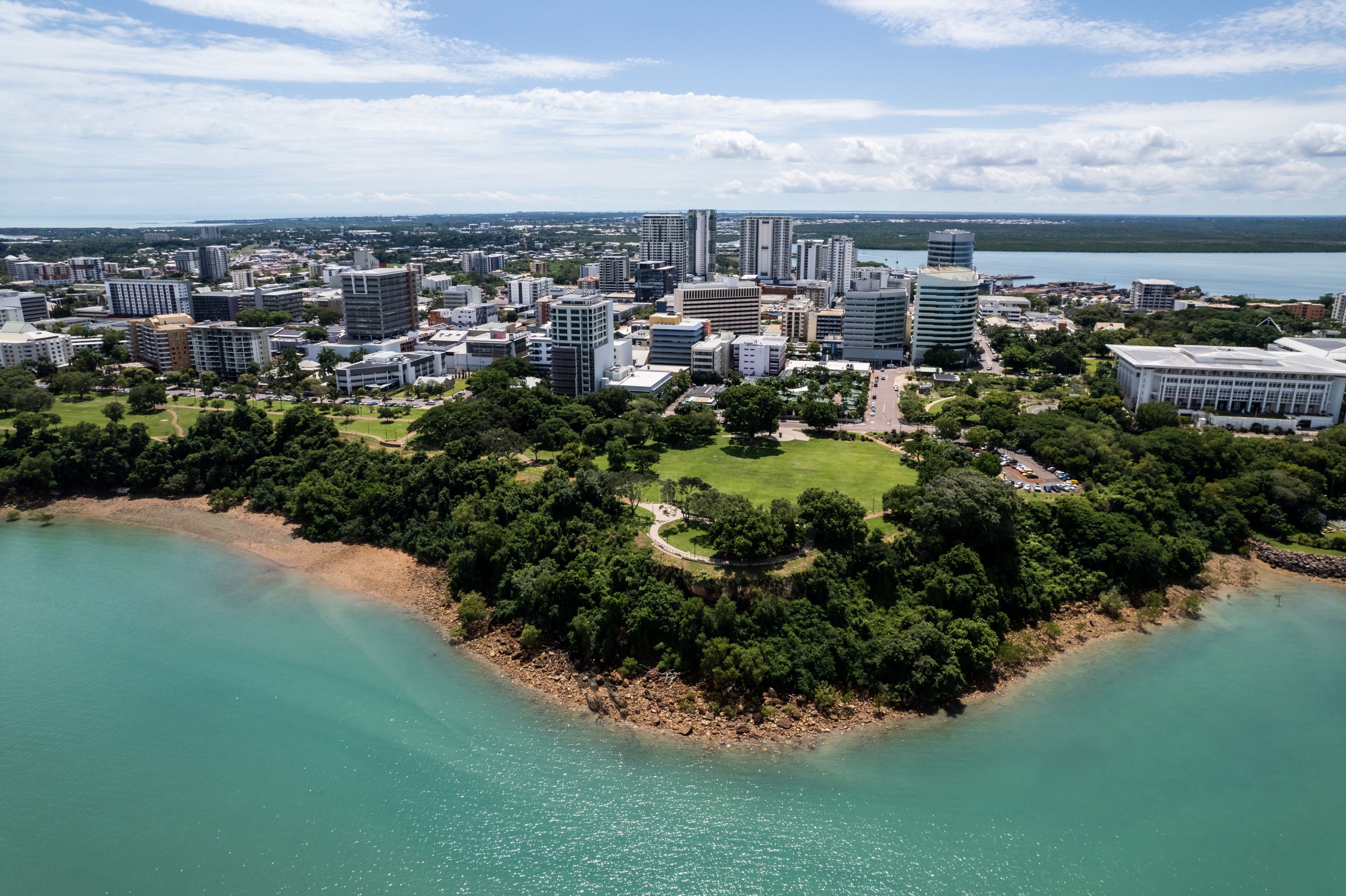 Drone shot of Darwin city representing Brisbane to Darwin removal services.