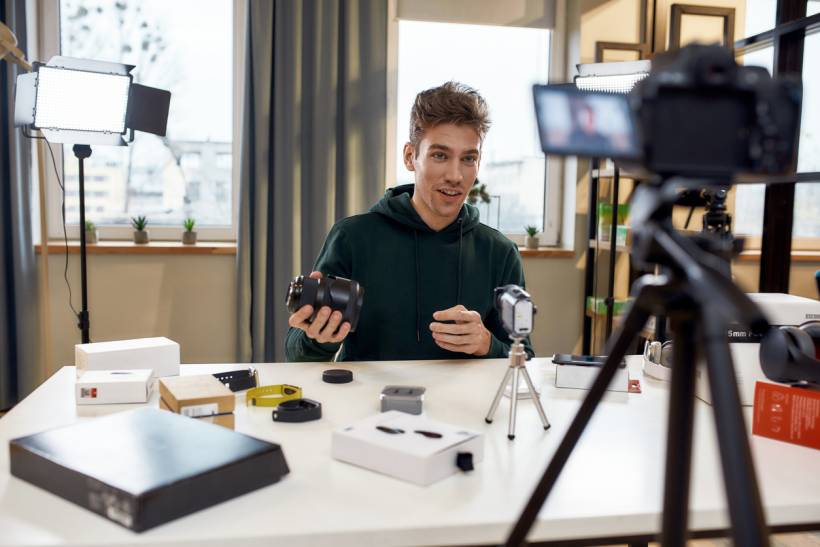 how to make money with photography - Photographer recording a video while discussing camera equipment at a desk setup