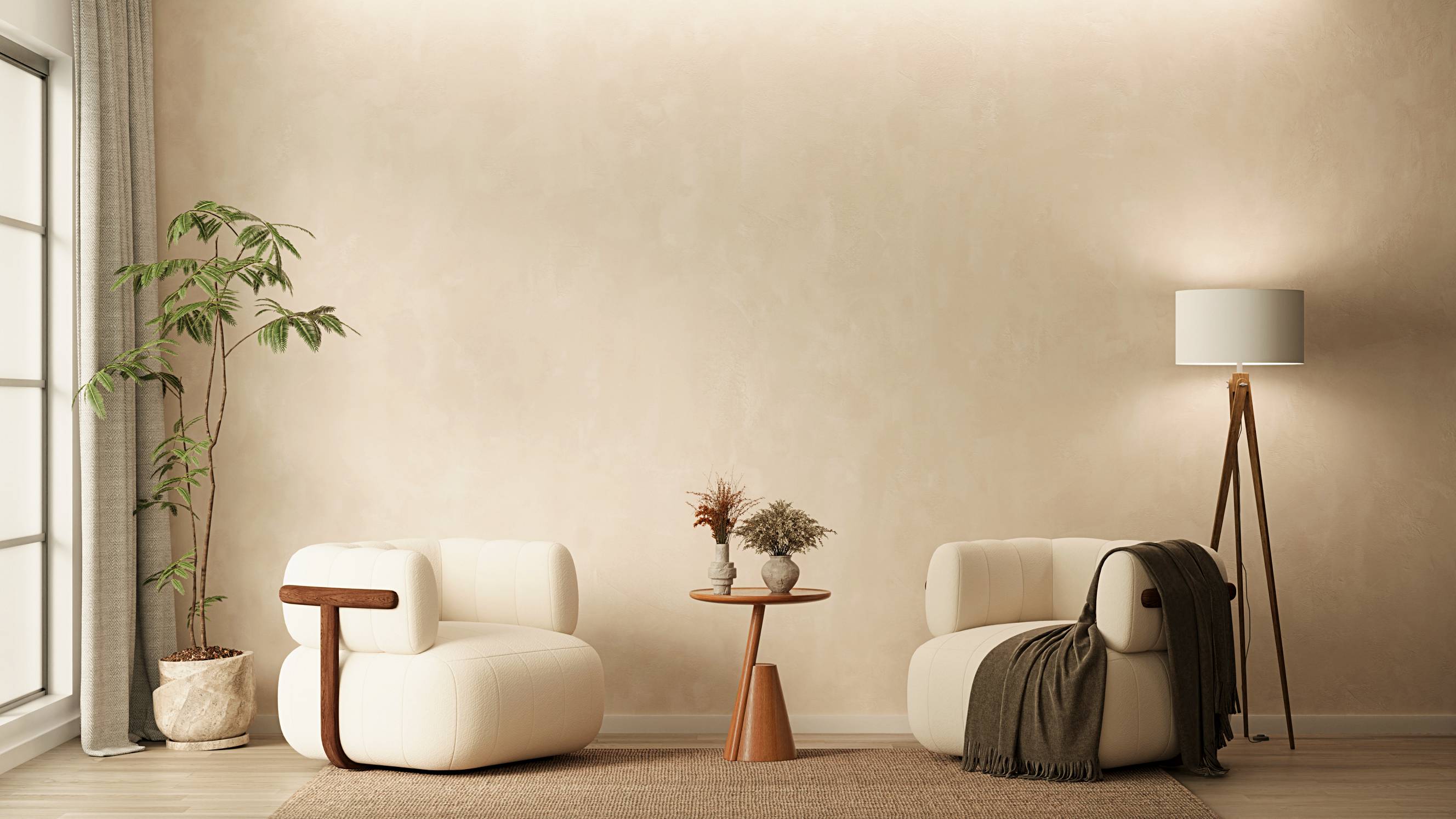 a living room with a limewash painted wall