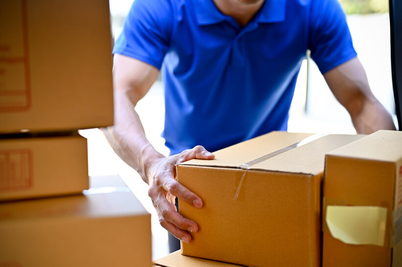 Close-up of a courier organising boxes ahead of a delivery. - retail tasks