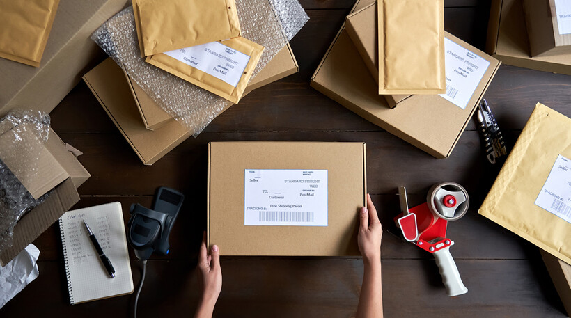 An overhead view of a worker packing a box for ecommerce shipping. - ecommerce tasks