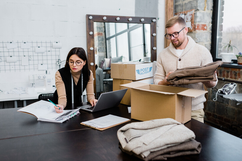 A woman checks order details on a laptop while a colleague packs trousers for delivery. - ecommerce tasks