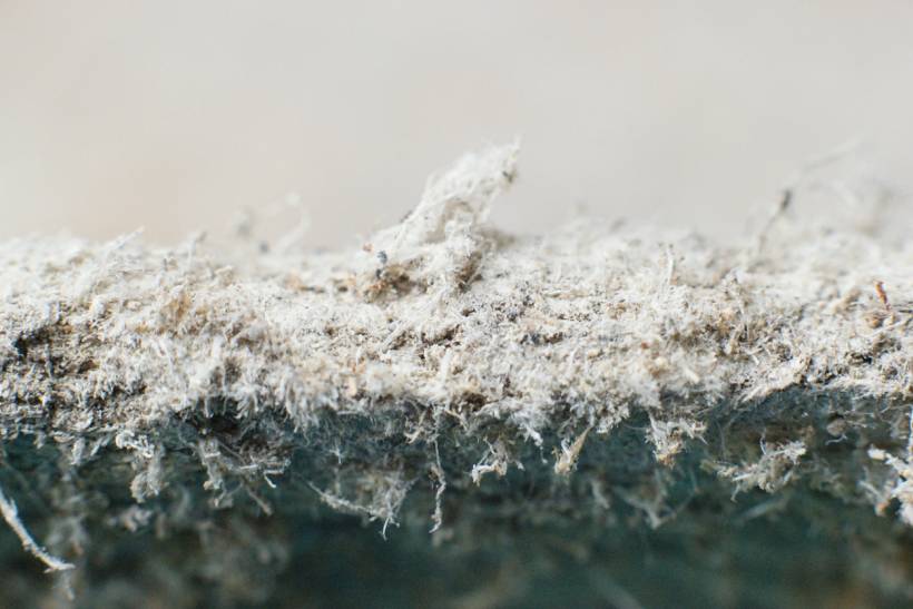 how to identify asbestos - White fibrous dust and strands on a textured gray layer