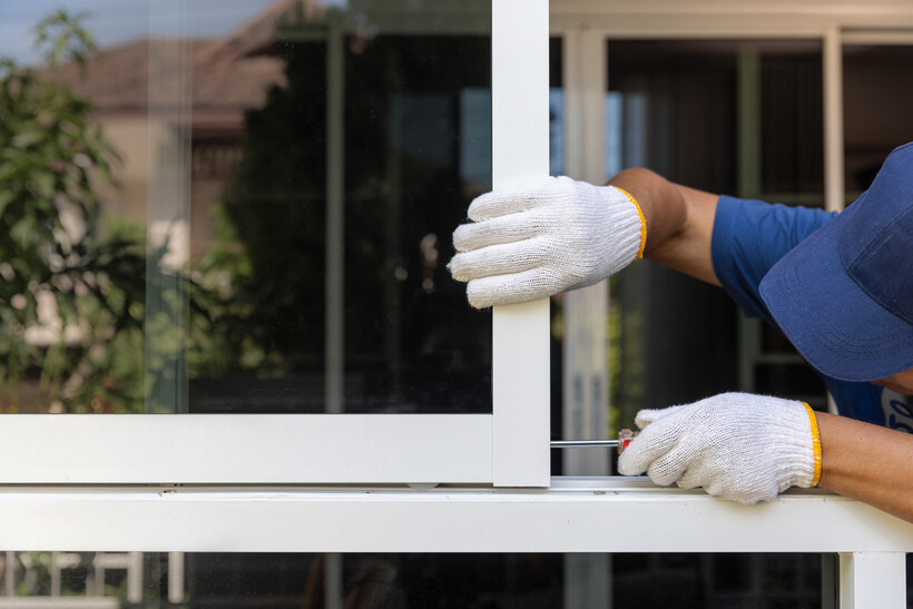 A tradesperson installing a lock mechanism on an aluminium sliding window frame. - aluminium windows cost