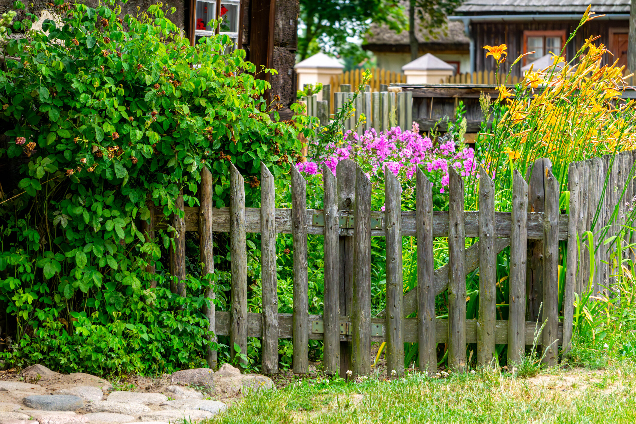 A rustic boundary fence showing aged wood pickets alongside a stone pathway. - garden fencing ideas