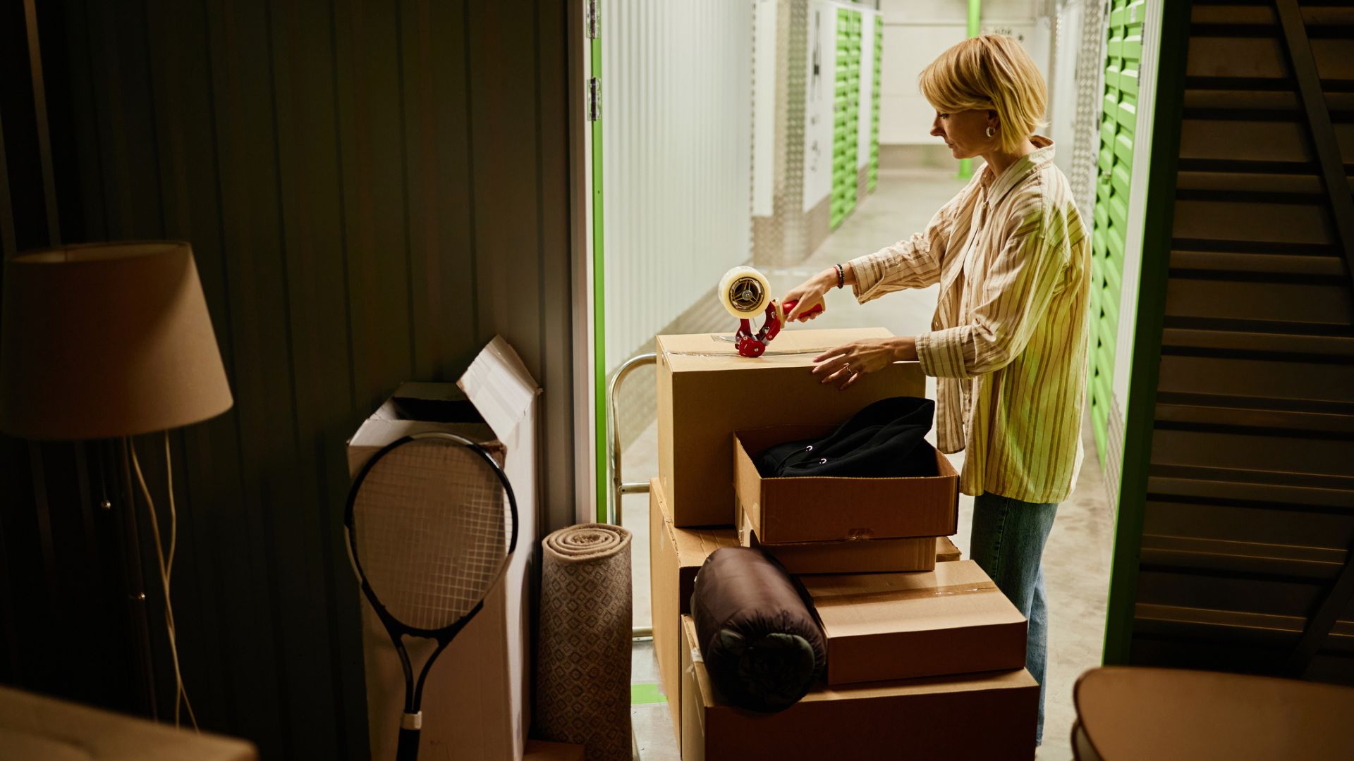 A woman sealing a cardboard box while organizing belongings in a self storage facility.