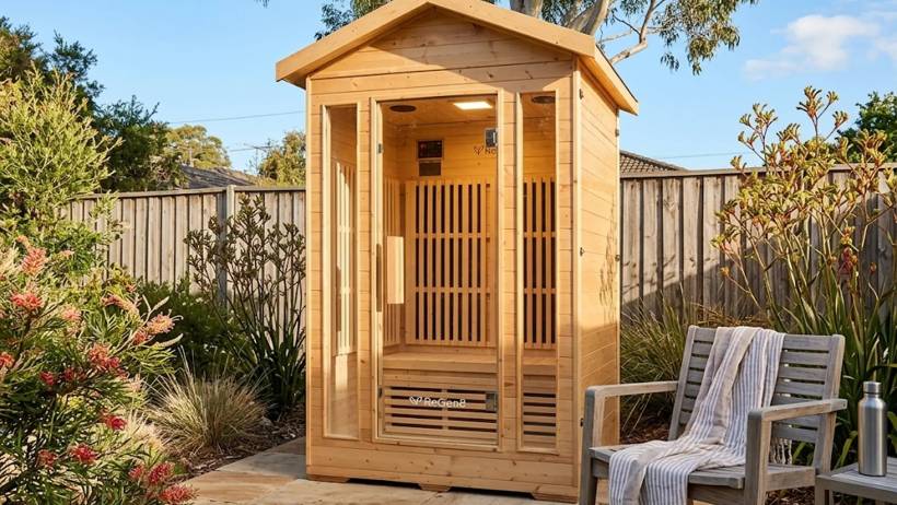 Small timber outdoor sauna cabin standing in a yard beside a wooden chair and native plants. - sauna installation cost