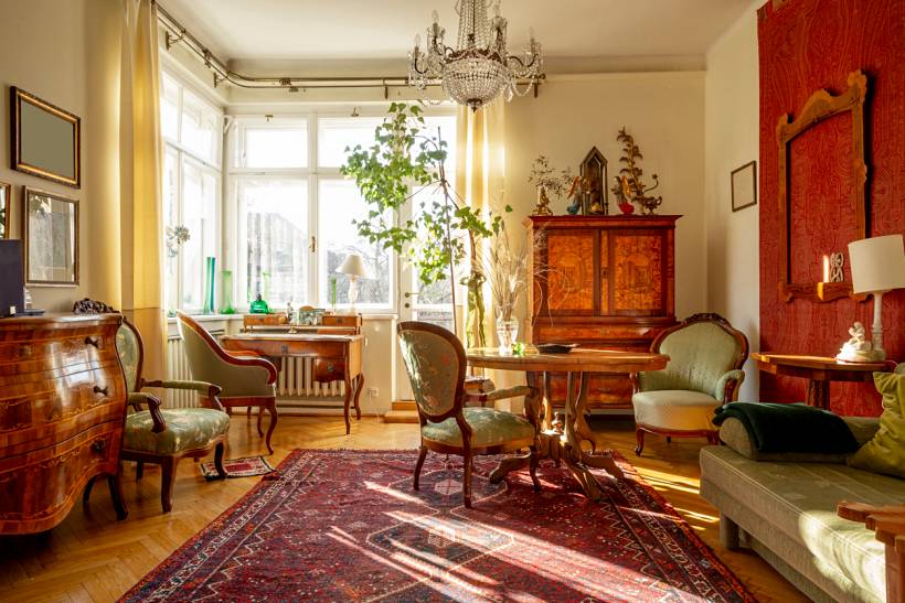 rug cleaning cost - Traditional red area rug in sunlit vintage living room