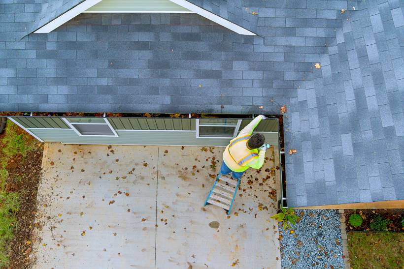 gutter guard installation cost - Worker cleaning leaves from gutters on a residential roof