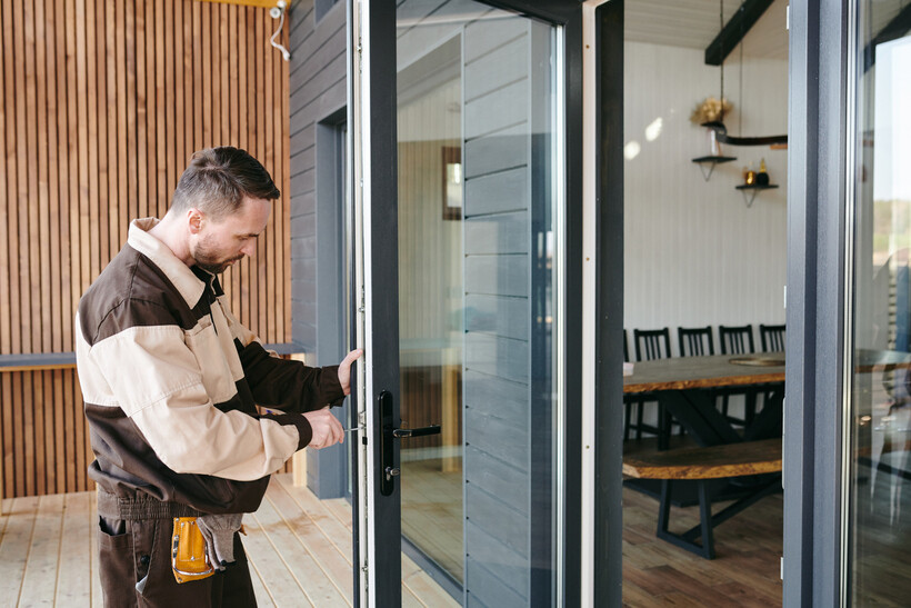 An installer in work gear securing hardware on a black-framed bifold door. - bifold door installation cost