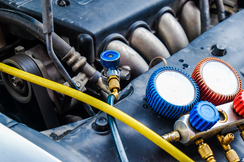 Close-up of blue and red air conditioning gauges linked to a car engine by hose. - car aircon regas cost