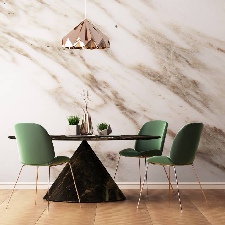 faux marble wall paint in dining area