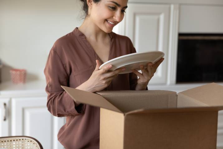 woman packing essential kitchen utensils in separate box for easy access in new home