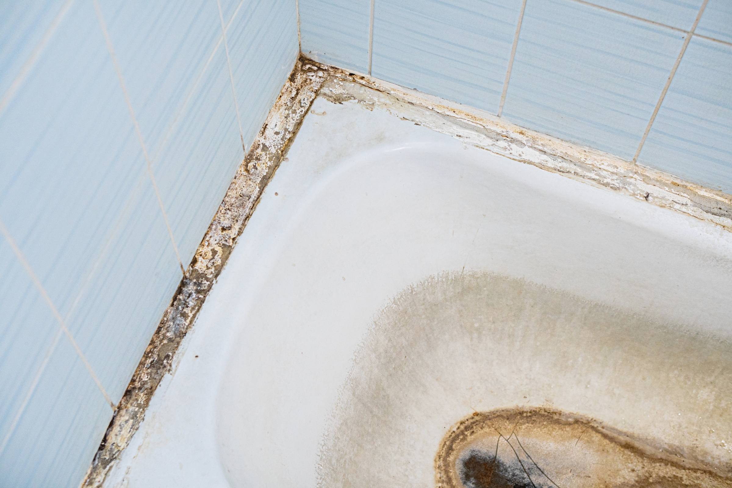 a bathtub with mould and mildew buildup