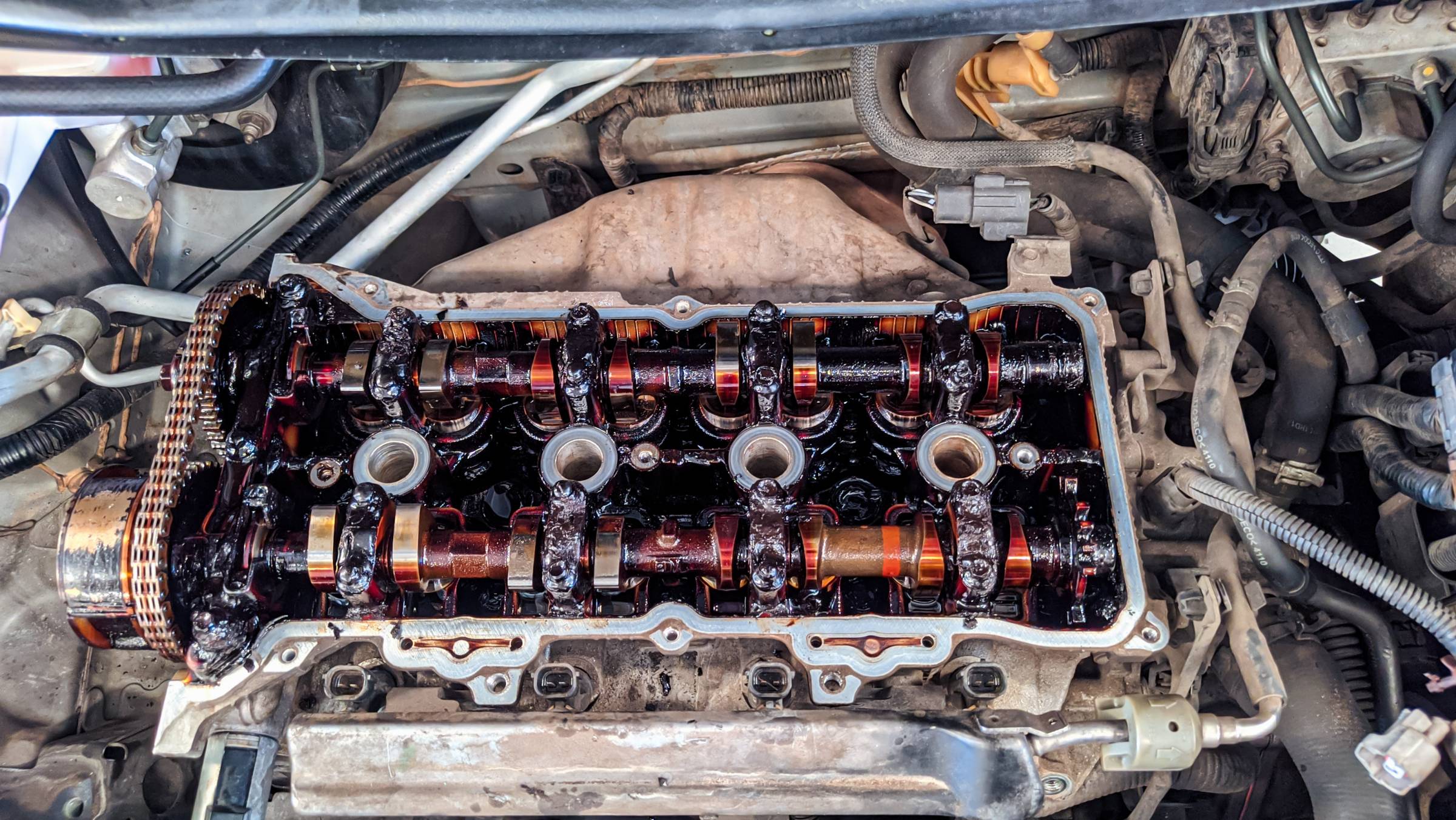 an oily car engine